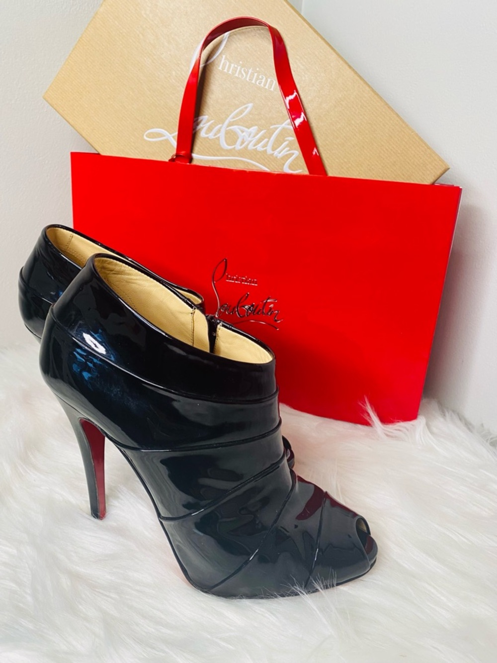 Christian Louboutin Black Patent Leather Peep-Toe Booties